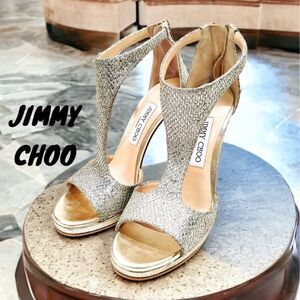 JIMMY CHOO SPARKLY GLITTERY T STRAP PEEP TOE HIGH HEEL STILETTO SHOES SIZE 37.5